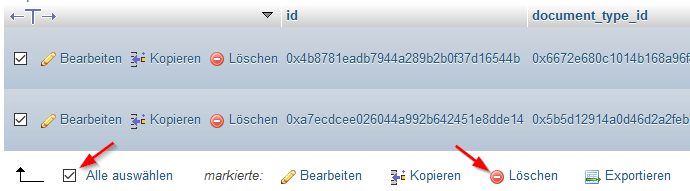 Screenshot: alles auswählen und löschen