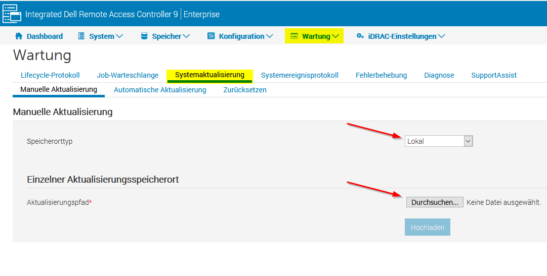 In der IDRAC Weboberfläche kann die Datei hier installiert werden
