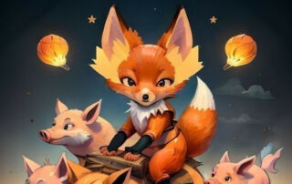 a fox riding on the back of a piggy with other animals around it and a sky background (a detailed painting:0.262)