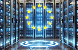 Cloud Server in Data Center mit Flagge der Europäischen Union