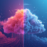 Wolke, die in zwei Hälften geteilt ist, links in warmen Rottönen, rechts in kühlen Blautönen, mit digitalen Linien, die nach unten verlaufen