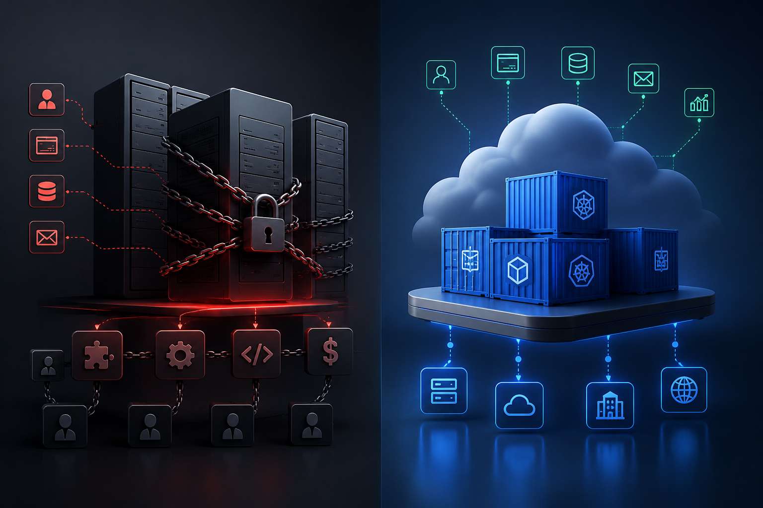 Vendor Lock-in vs. Open Standards: Links mehrere Server mit Kette und Vorhängeschloss, verbunden mit Symbolen für Benutzer, Datenbanken, E-Mail und Code, rechts Container vor einer Wolke mit Symbolen für Benutzer, Computer, Datenbanken, E-Mail und Diagramme
