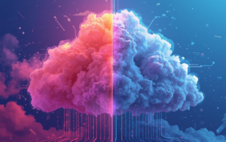 Wolke, die in zwei Hälften geteilt ist, links in warmen Rottönen, rechts in kühlen Blautönen, mit digitalen Linien, die nach unten verlaufen