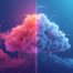 Wolke, die in zwei Hälften geteilt ist, links in warmen Rottönen, rechts in kühlen Blautönen, mit digitalen Linien, die nach unten verlaufen