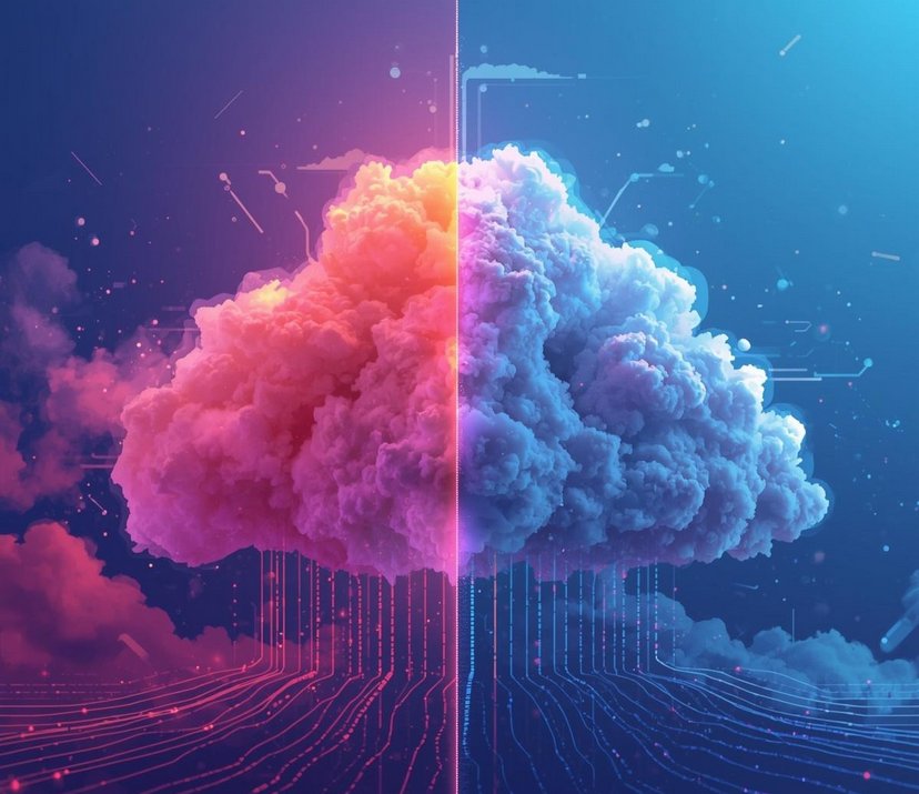 Wolke, die in zwei Hälften geteilt ist, links in warmen Rottönen, rechts in kühlen Blautönen, mit digitalen Linien, die nach unten verlaufen